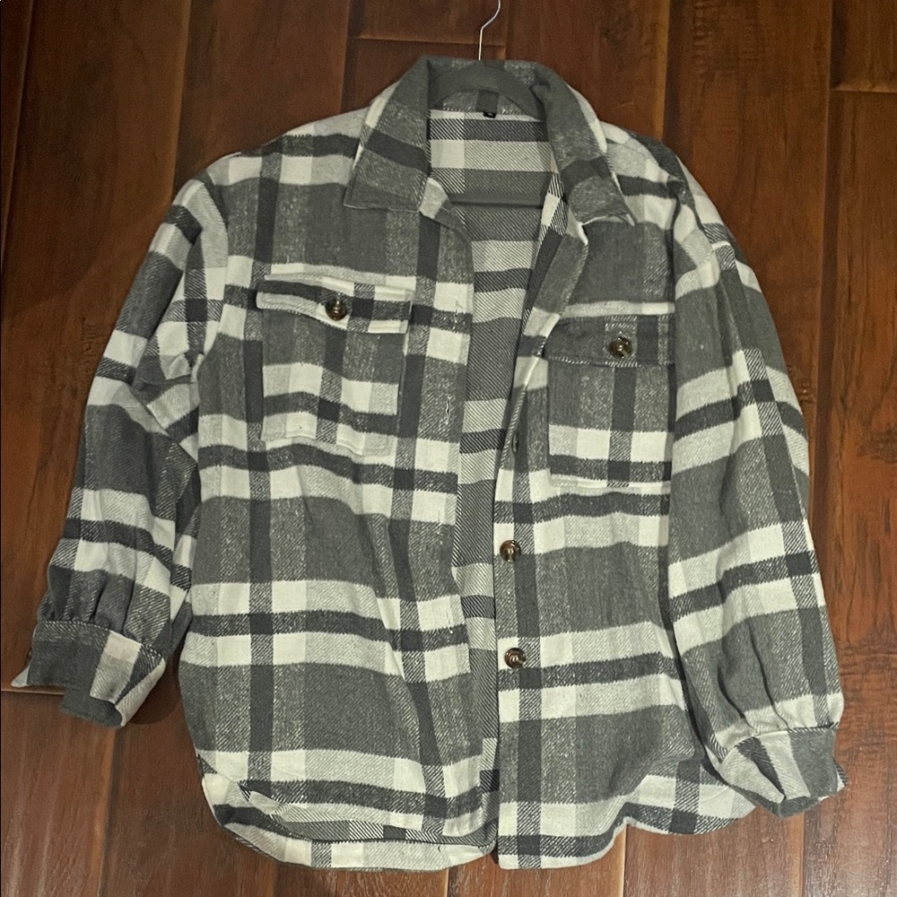 Gray and White Plaid Button-Up Shirt